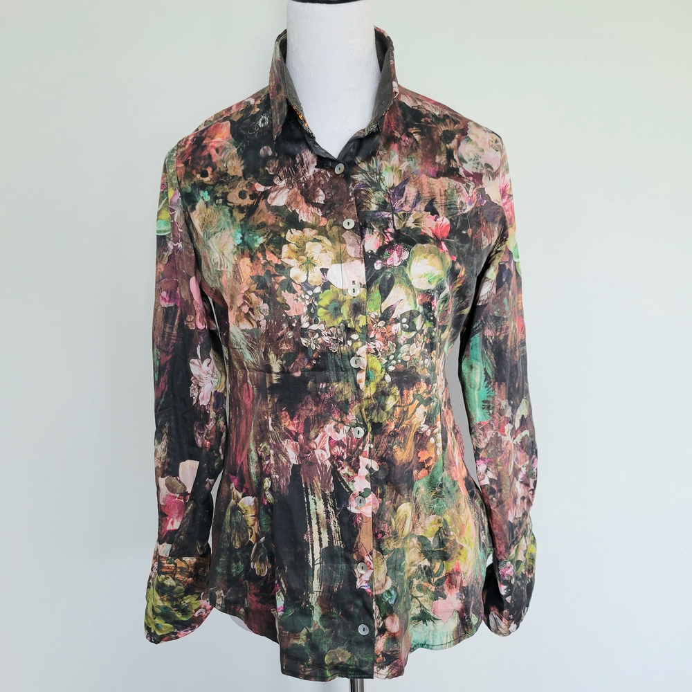 GEORG ROTH Floral Button Up Sequin Artsy Career Office Work Womens Shirt Size XS